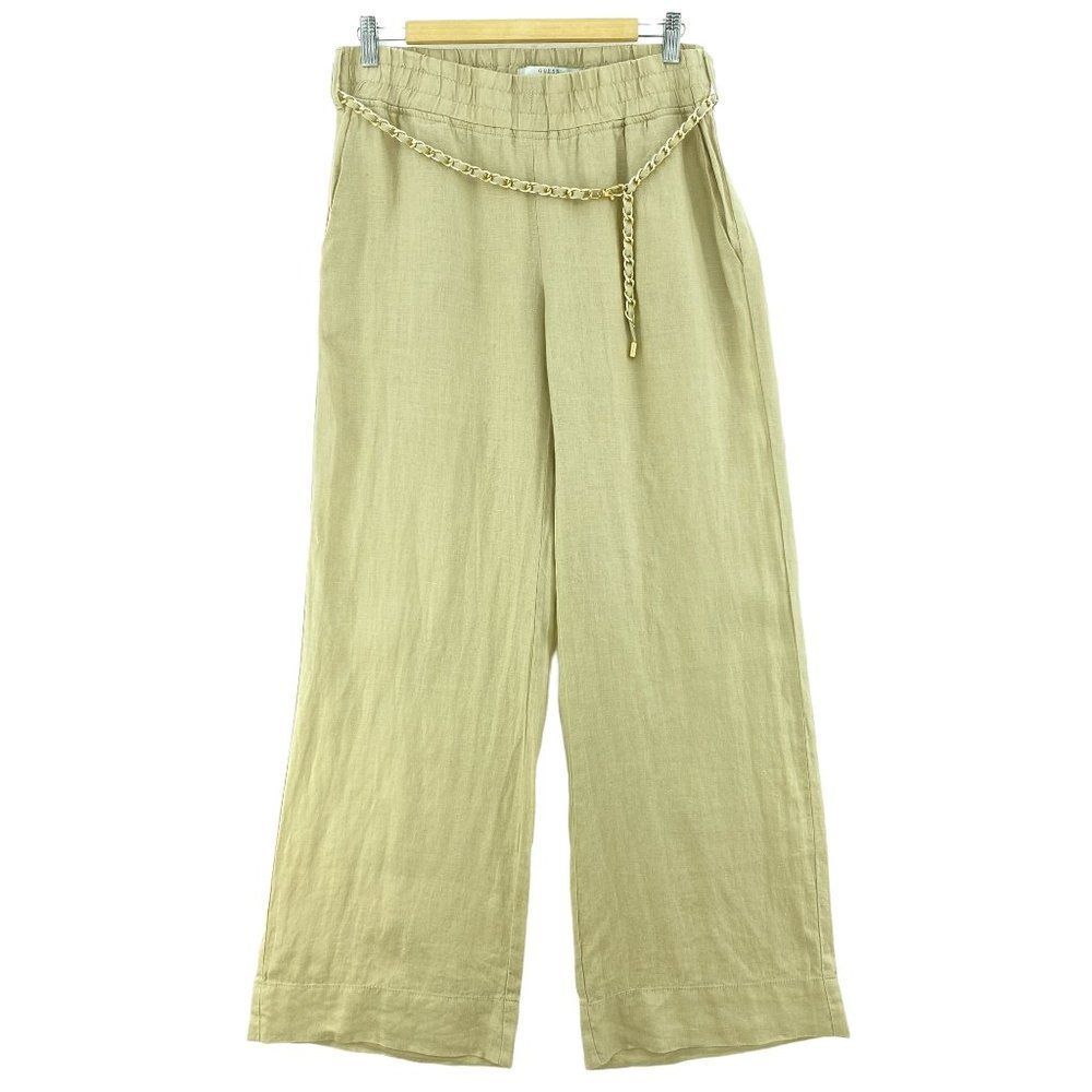 GUESS LOS ANGELES Sandy Beige Linen Wide Leg Pants Chain Belt